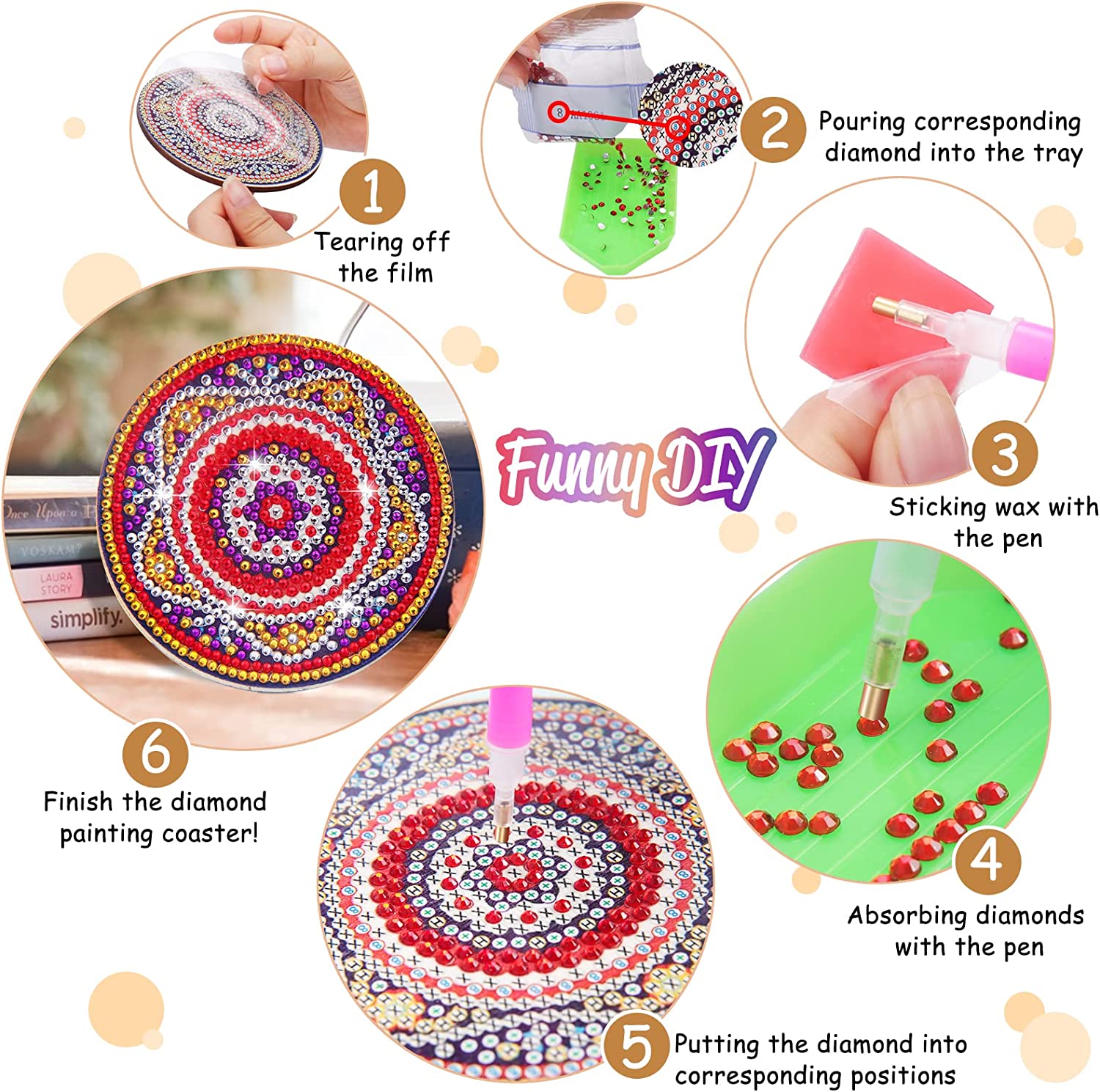 6 Pcs Diamond Painting Coasters Kit with Holder, DIY Diamond Art Coasters Kits for Beginners, Kitchen Hot Pads,Adults & Kids Small Diamond Painting